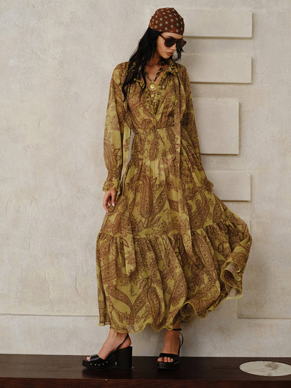 Astarı ile Boho Desenli Şifon Maxi Elbise Takımı