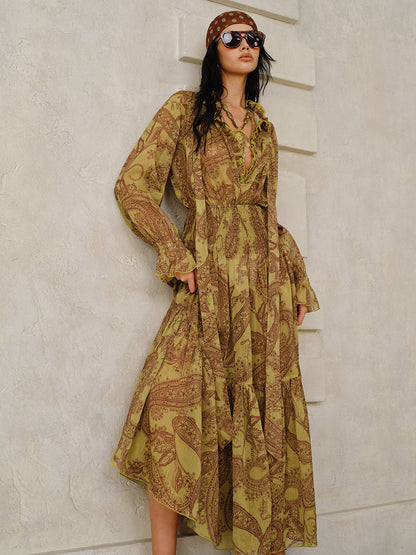 Astarı ile Boho Desenli Şifon Maxi Elbise Takımı