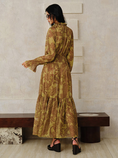 Astarı ile Boho Desenli Şifon Maxi Elbise Takımı