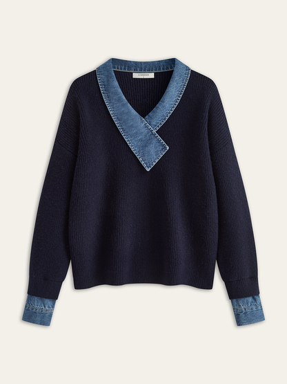 Denim Panel Asimetrik V Yaka Triko Üst