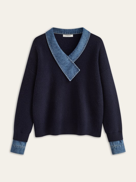 Denim Panel Asimetrik V Yaka Triko Üst