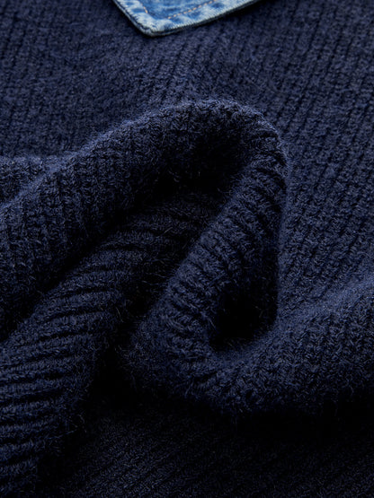 Denim Panel Asimetrik V Yaka Triko Üst
