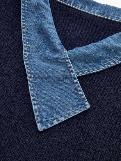 Denim Panel Asimetrik V Yaka Triko Üst