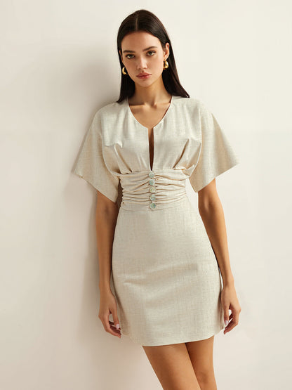 Pamuk ve Keten Büzgülü Düğme Detaylı Mini Elbise