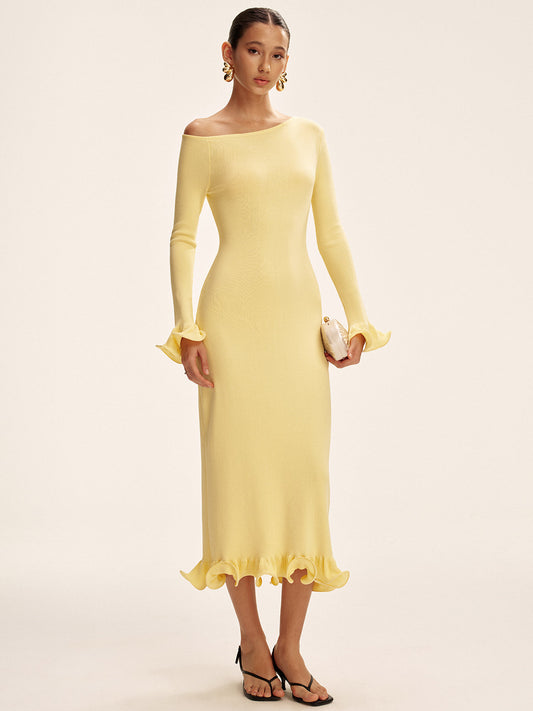 Omuzları Açık Volanlı Etek Kazak Elbise