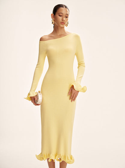 Omuzları Açık Volanlı Etek Kazak Elbise