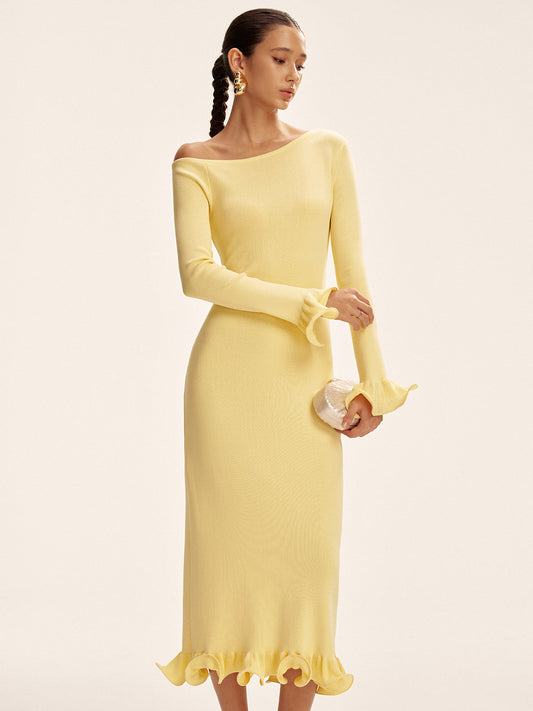 Omuzları Açık Volanlı Etek Kazak Elbise