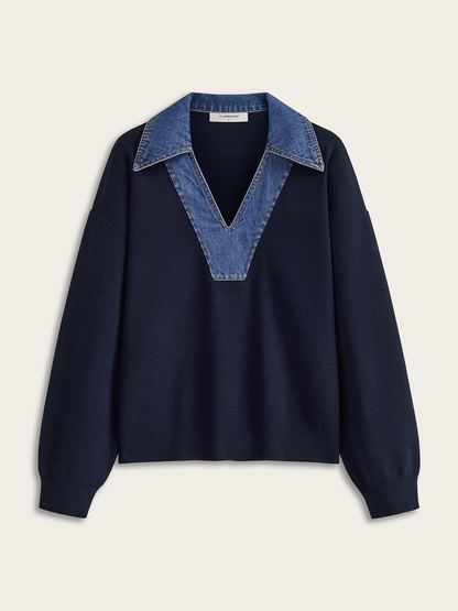 Denim Yaka V Yaka Süveter