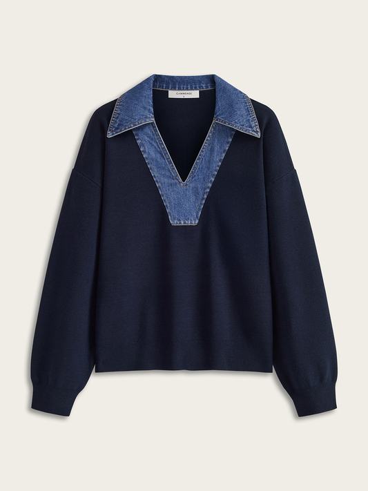 Denim Yaka V Yaka Süveter