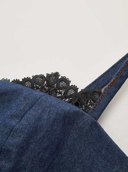 Dantel Detaylı Denim Askılı Maxi Elbise