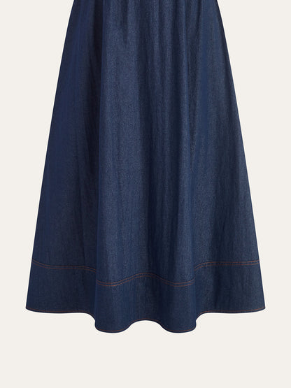 Dantel Detaylı Denim Askılı Maxi Elbise