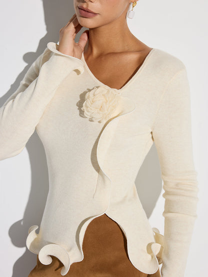 3D Çiçekli Fırfırlı Etek Ucu Triko Üst