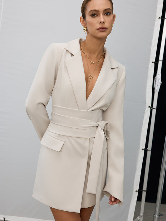 Çift Sıra Düğmeli Kemerli Blazer Elbise