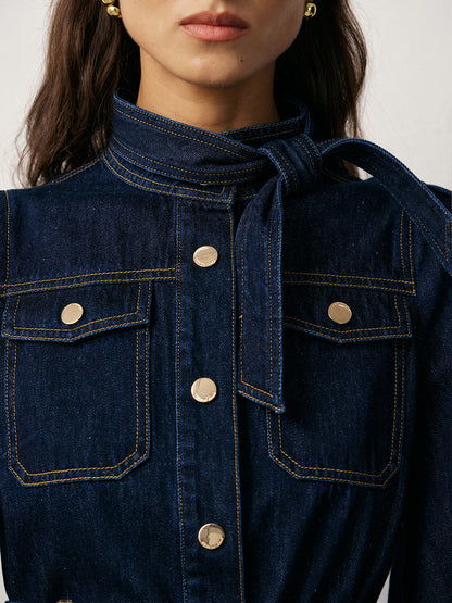 Kemerli Düğmeli Ön Kot Elbise