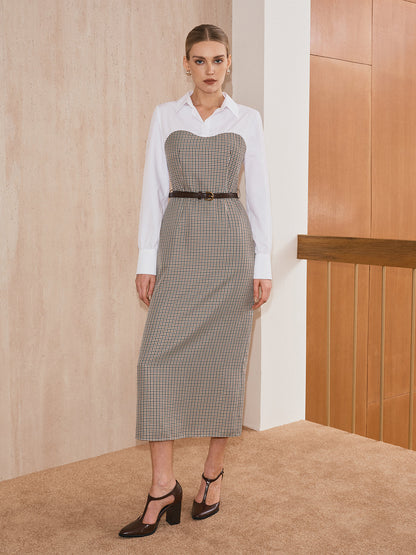 Kemerli 2'si 1 Arada Gömlek Ekose Panel Midi Elbise