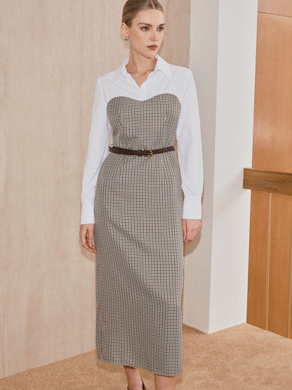 Kemerli 2'si 1 Arada Gömlek Ekose Panel Midi Elbise