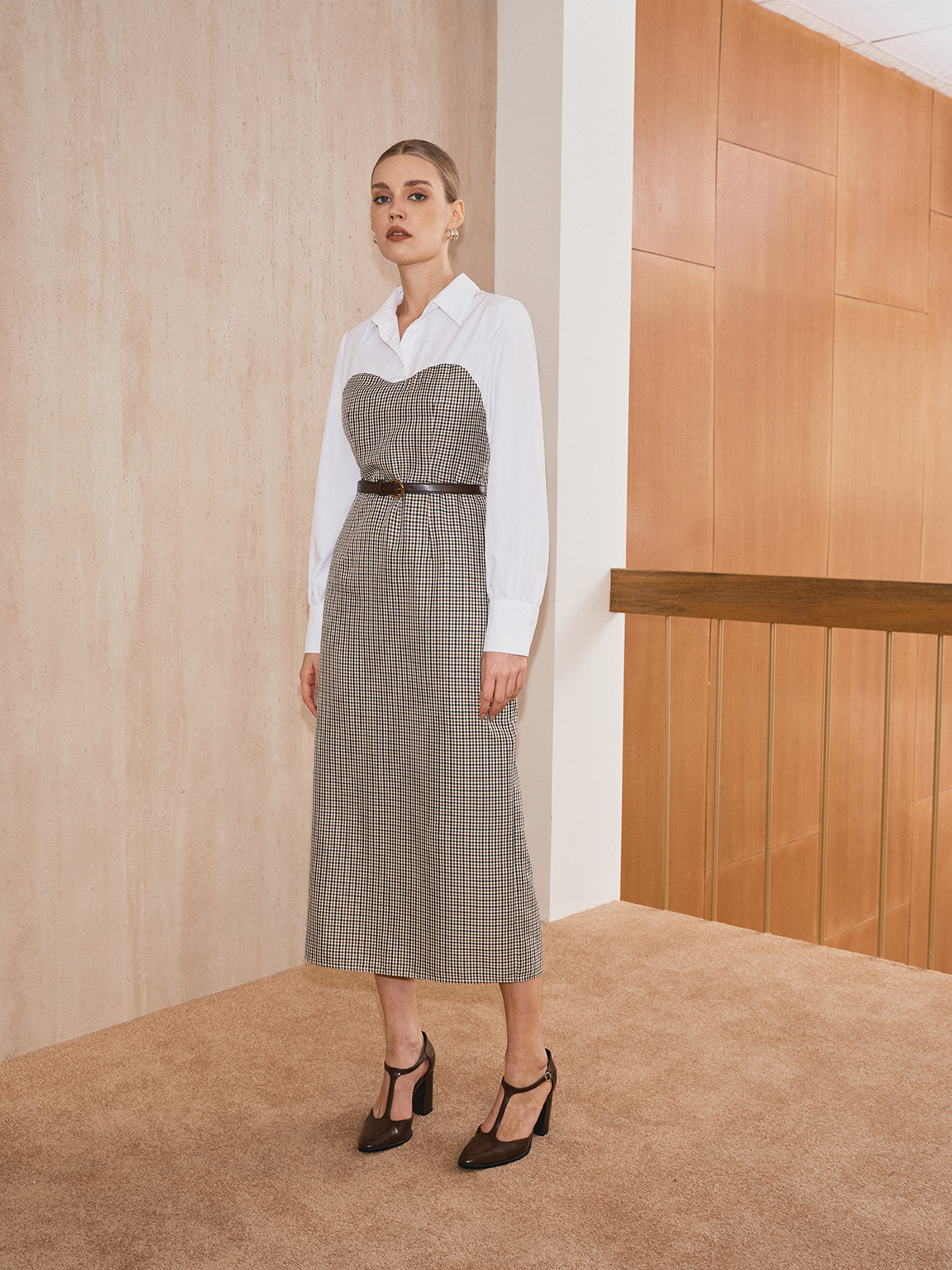 Kemerli 2'si 1 Arada Gömlek Ekose Panel Midi Elbise