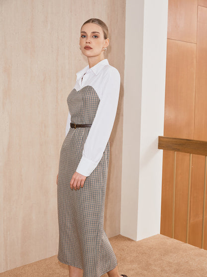 Kemerli 2'si 1 Arada Gömlek Ekose Panel Midi Elbise