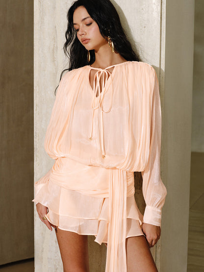 Yarı Şeffaf Katlı Drapeli Bağcıklı Bel Mini Elbise