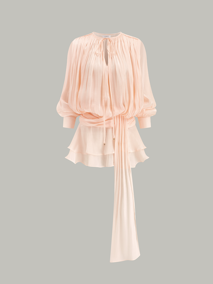 Yarı Şeffaf Katlı Drapeli Bağcıklı Bel Mini Elbise