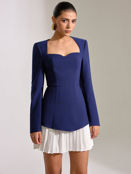 Kontrast Pileli Etek Kare Yaka Mini Elbise