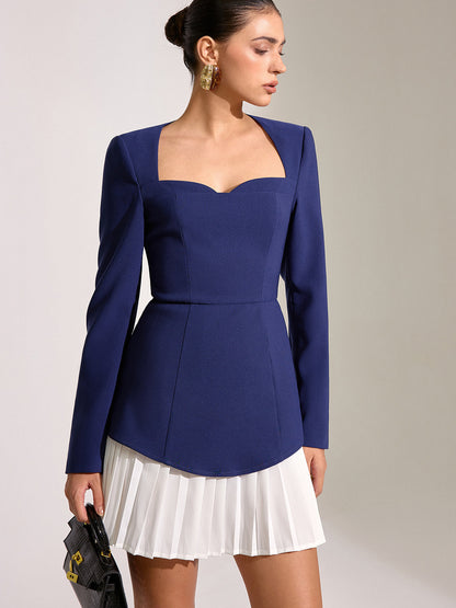 Kontrast Pileli Etek Kare Yaka Mini Elbise