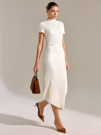 Yarım Balıkçı Yaka Kısa Kollu Asimetrik Etek Ucu Maxi Elbise