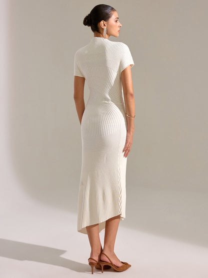 Yarım Balıkçı Yaka Kısa Kollu Asimetrik Etek Ucu Maxi Elbise