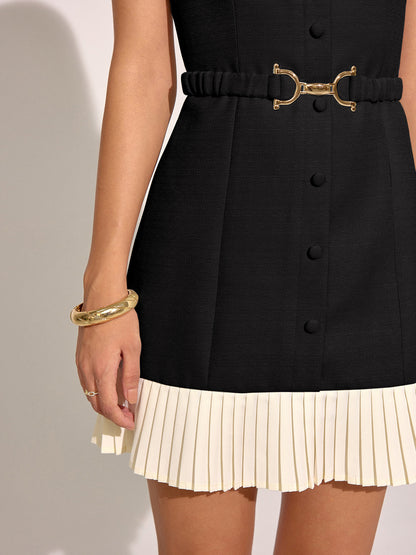 Kontrast Pileli Etek Ucu Kolsuz Kemerli Mini Elbise