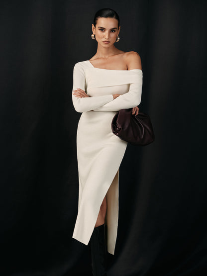 Tek Omuz Yün Karışımlı Örgü Yırtmaçlı Midi Elbise