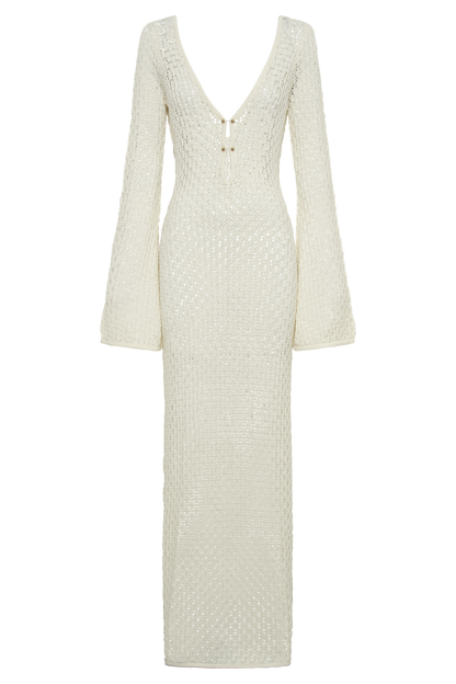 Kayleigh Kırçıllı  Fırfır Kollu Maxi Elbise - Beyaz