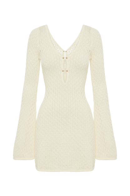 Kayleigh Crochet Örme Mini Elbise - Beyaz