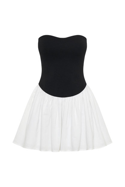 Hannah Örgü ve Keten Mini Elbise - Siyah/Beyaz