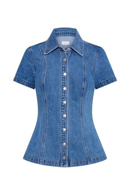 Ellie Denim Kısa Kollu Üst - 70'ler Mavisi