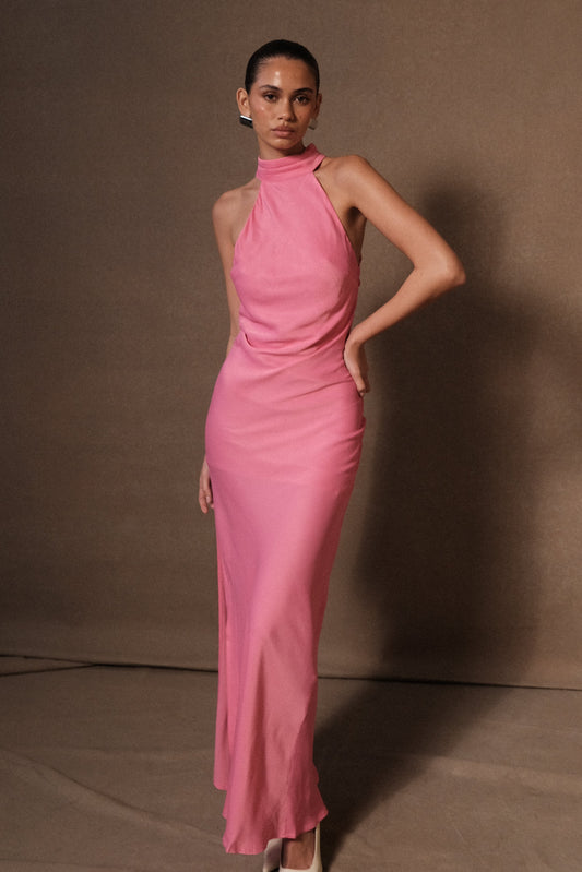 Claire Satin Drape Back Maxi Dress with Split - Pembe