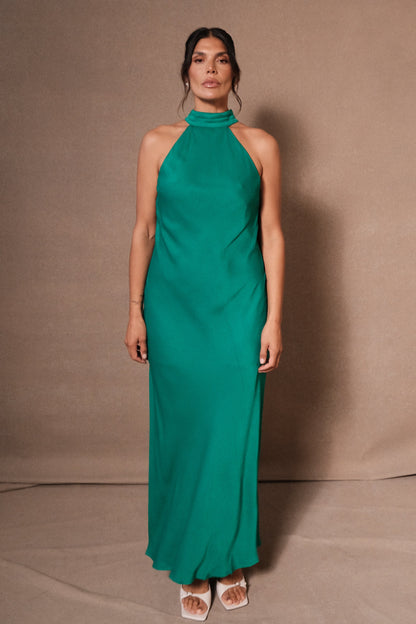 Claire Satin Drape Back Maxi Elbise Yırtmaçlı - Yeşil