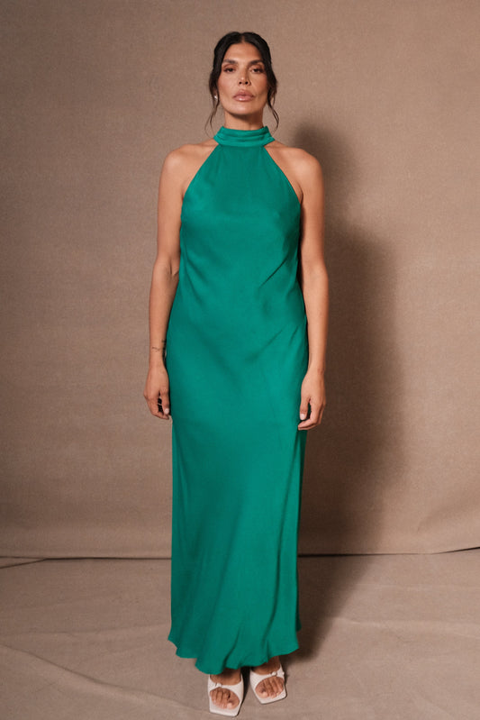 Claire Satin Drape Back Maxi Elbise Yırtmaçlı - Yeşil