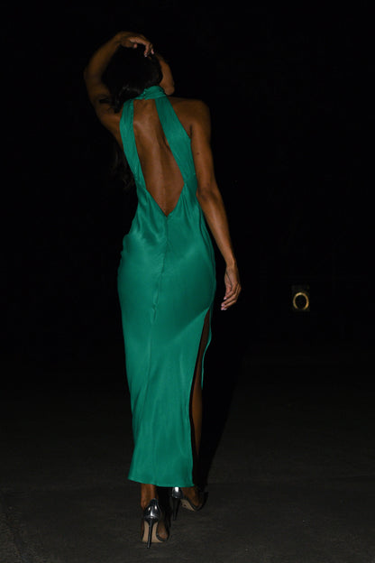 Claire Satin Drape Back Maxi Elbise Yırtmaçlı - Yeşil