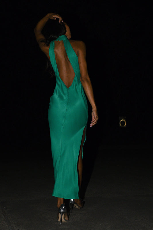 Claire Satin Drape Back Maxi Elbise Yırtmaçlı - Yeşil