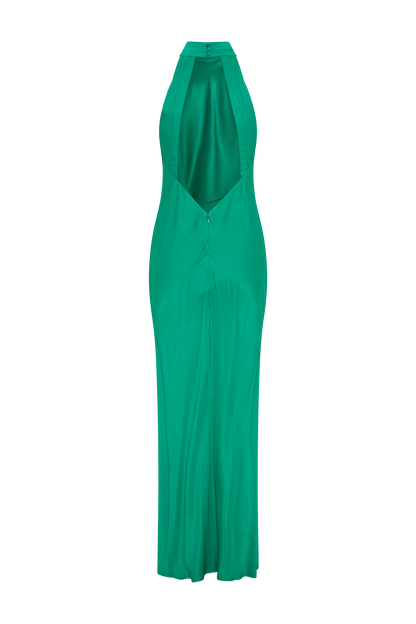Claire Satin Drape Back Maxi Elbise Yırtmaçlı - Yeşil
