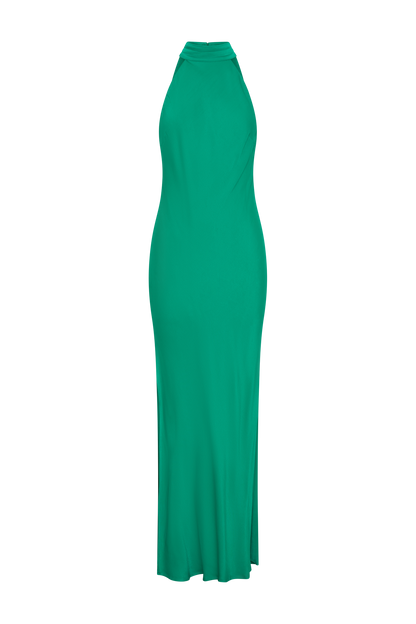 Claire Satin Drape Back Maxi Elbise Yırtmaçlı - Yeşil