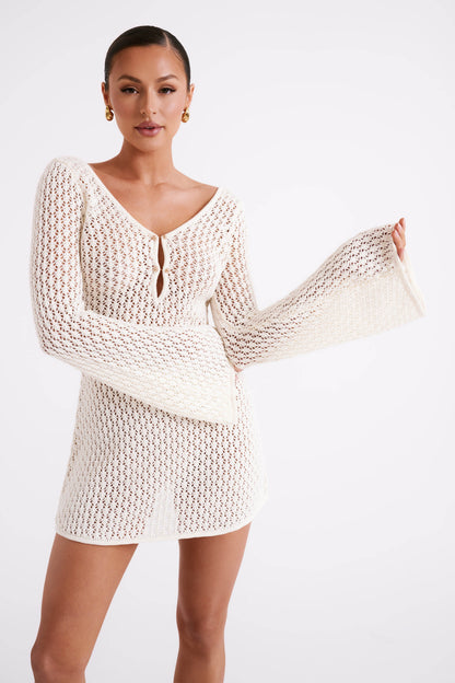 Kayleigh Crochet Örme Mini Elbise - Beyaz