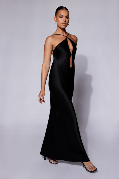 Lucia Saten Kesik Maxi Elbise - Siyah