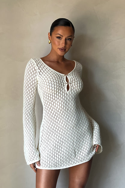 Kayleigh Crochet Örme Mini Elbise - Beyaz