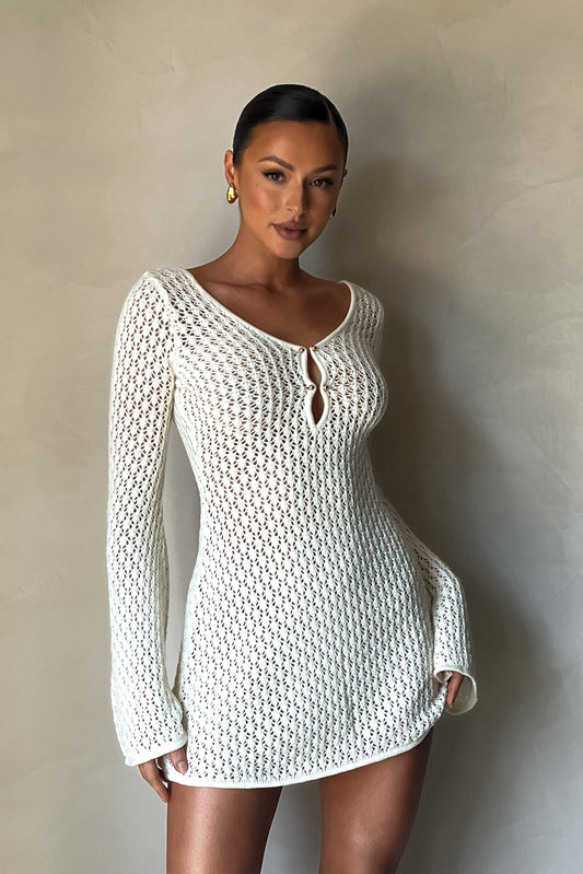 Kayleigh Crochet Örme Mini Elbise - Beyaz