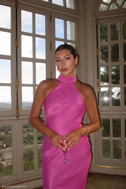 Claire Satin Drape Back Maxi Dress with Split - Pembe