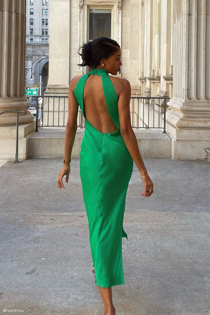 Claire Satin Drape Back Maxi Elbise Yırtmaçlı - Yeşil
