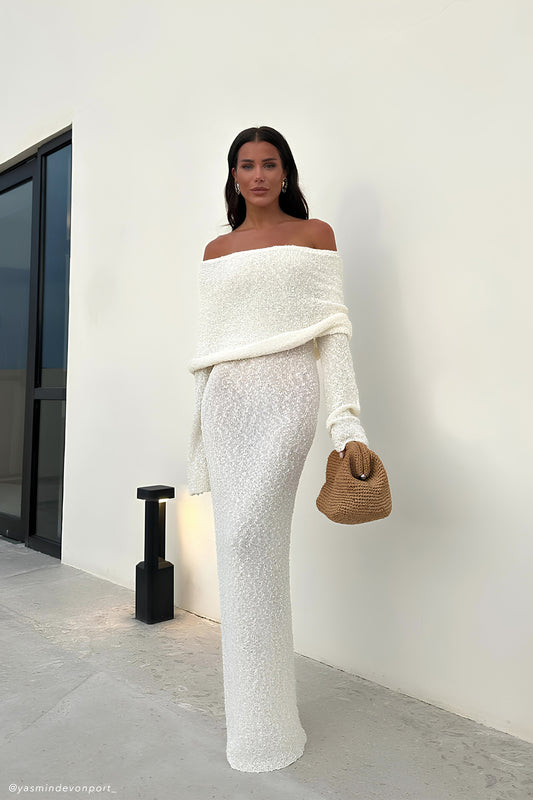 Marisol Tek Omuzlu Boucle Maxi Elbise - Ivory